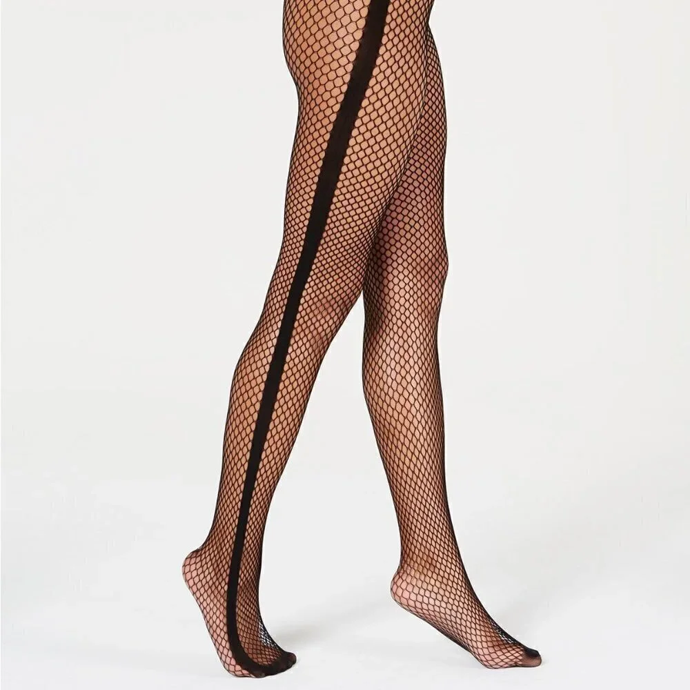 l303 I.n.c. Black Tuxedo Stripe Fishnet Tights - S